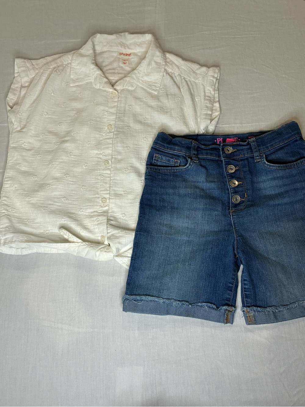 Girls White Tie Front Shirt & Denim Shorts
